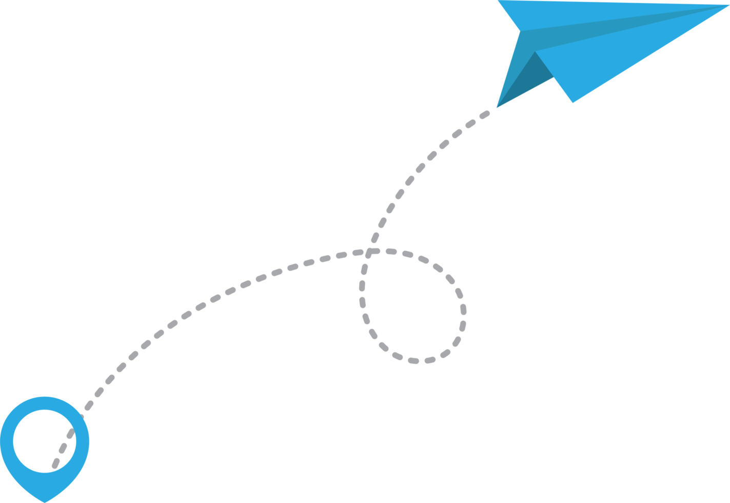 Paper airplane with dotted trace and map pointer pin png