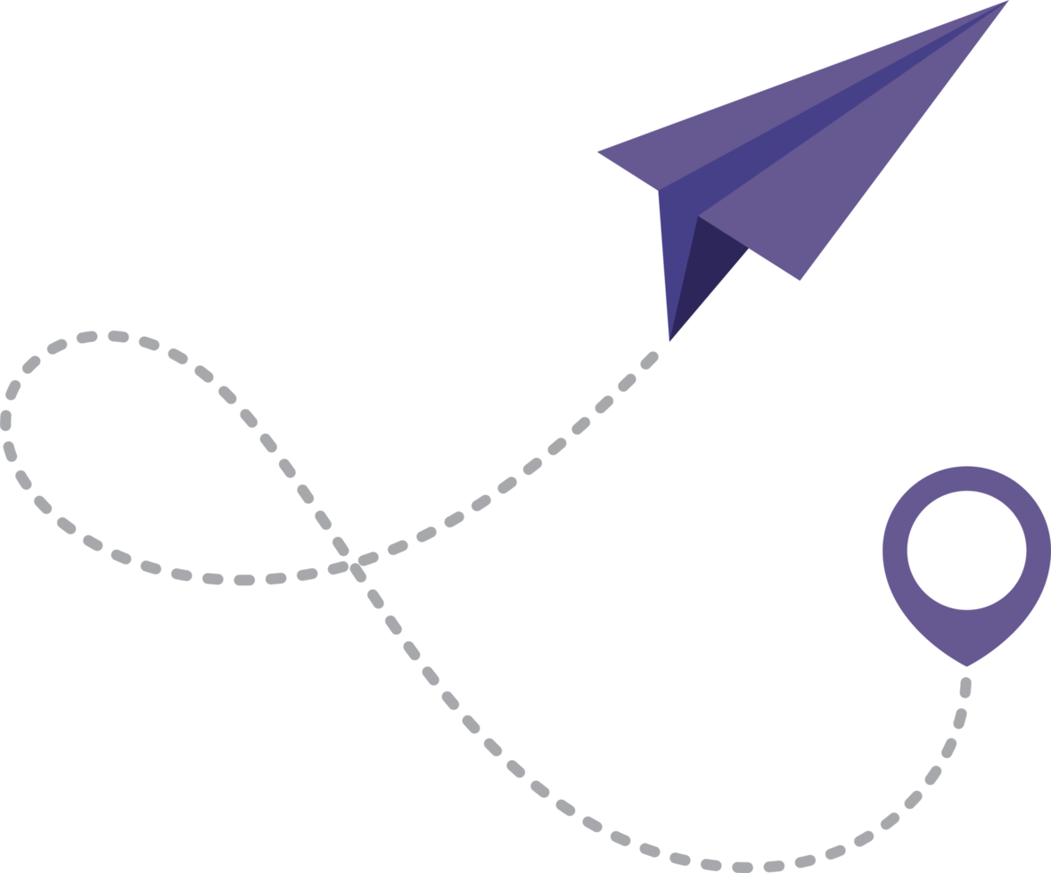 Paper airplane with dotted trace and map pointer pin png