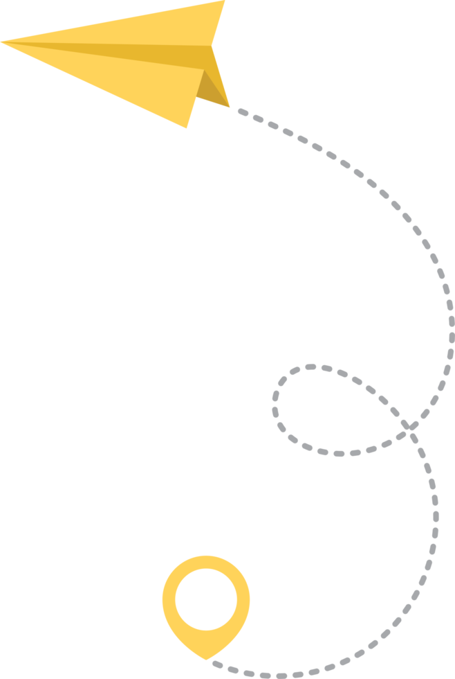 Paper airplane with dotted trace and map pointer pin png