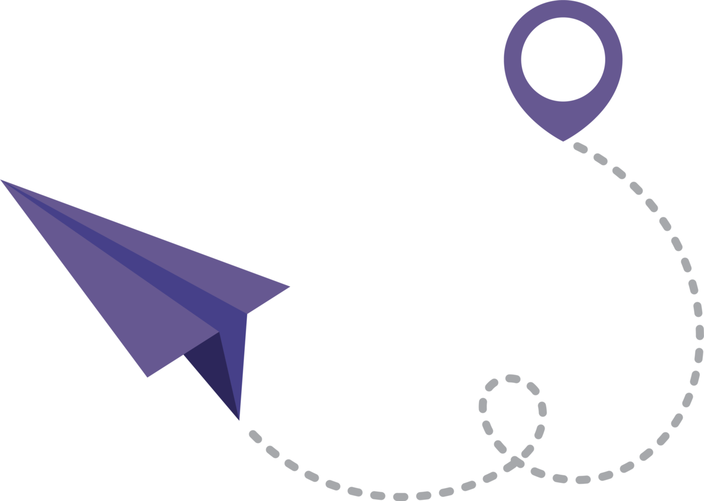 Paper airplane with dotted trace and map pointer pin png