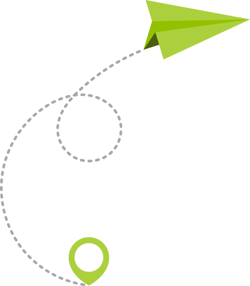 Paper airplane with dotted trace and map pointer pin png