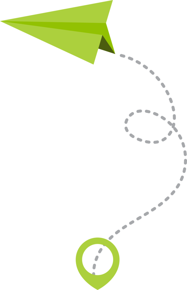 Paper airplane with dotted trace and map pointer pin png