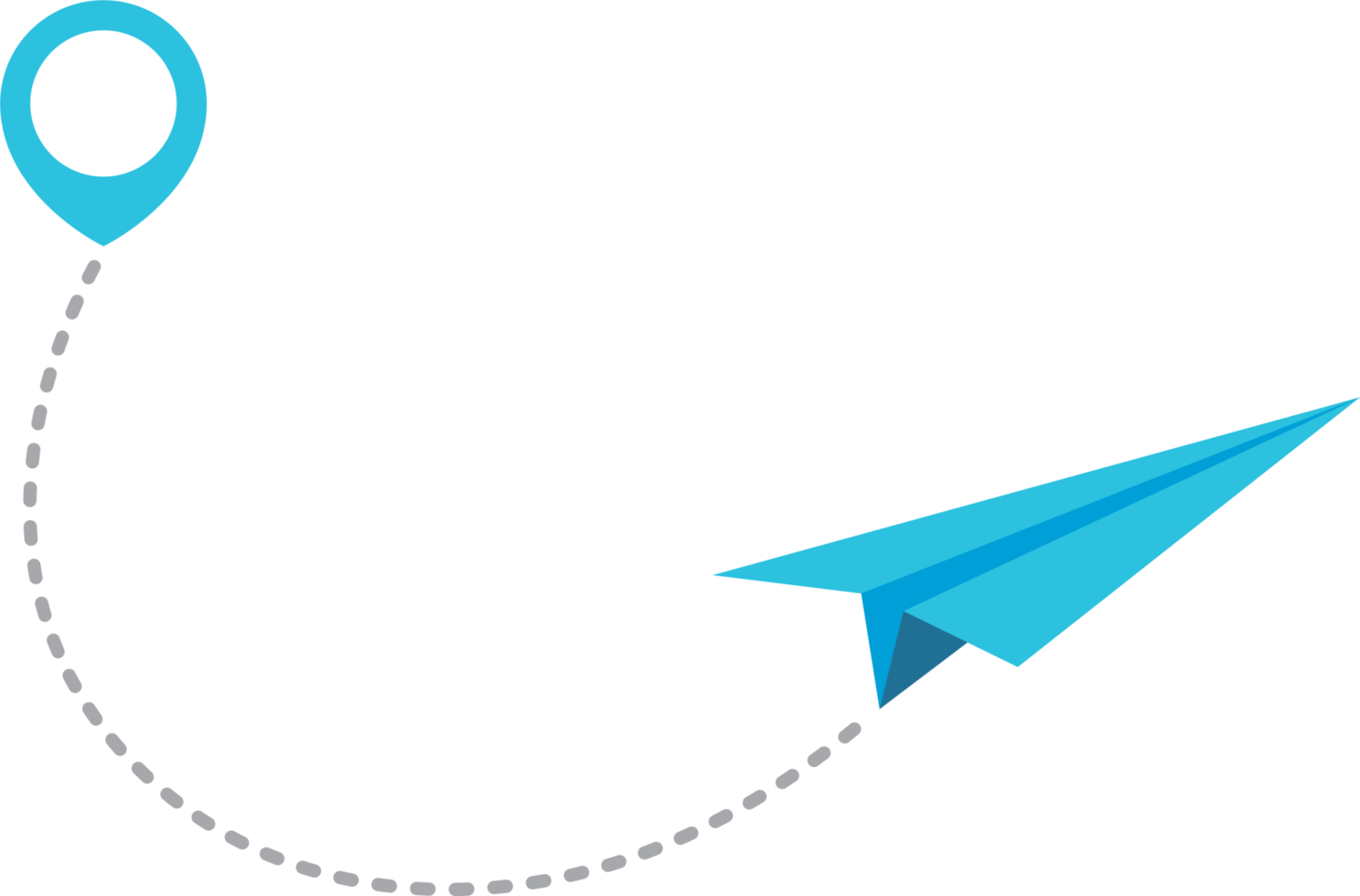 Paper airplane with dotted trace and map pointer pin png