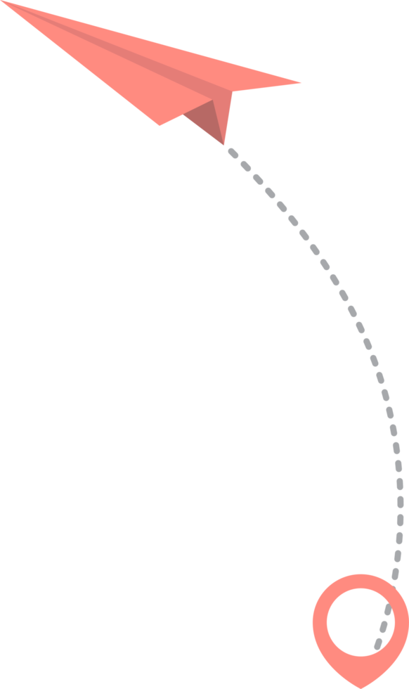 Paper airplane with dotted trace and map pointer pin png