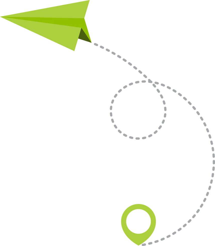 Paper airplane with dotted trace and map pointer pin png