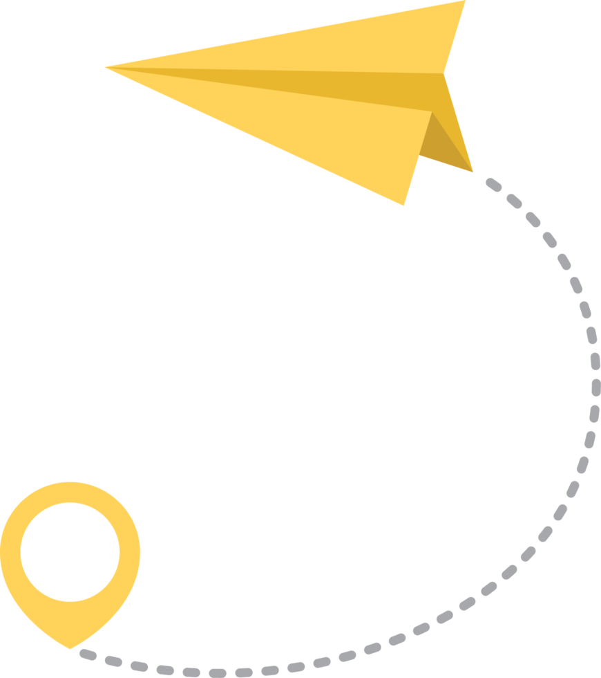 Paper airplane with dotted trace and map pointer pin png