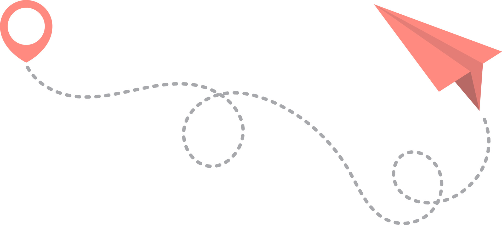 Paper airplane with dotted trace and map pointer pin png