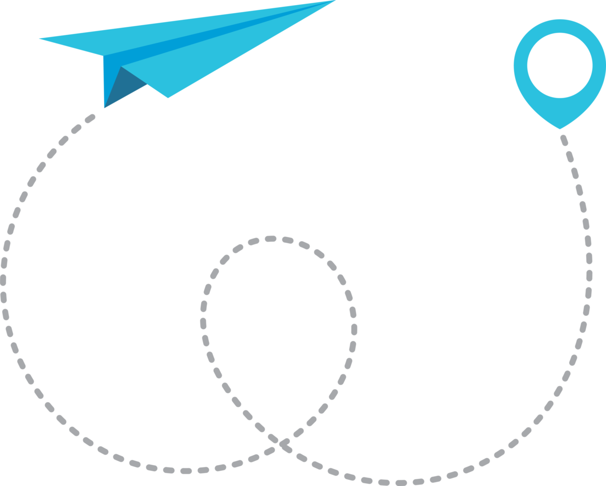 Paper airplane with dotted trace and map pointer pin png