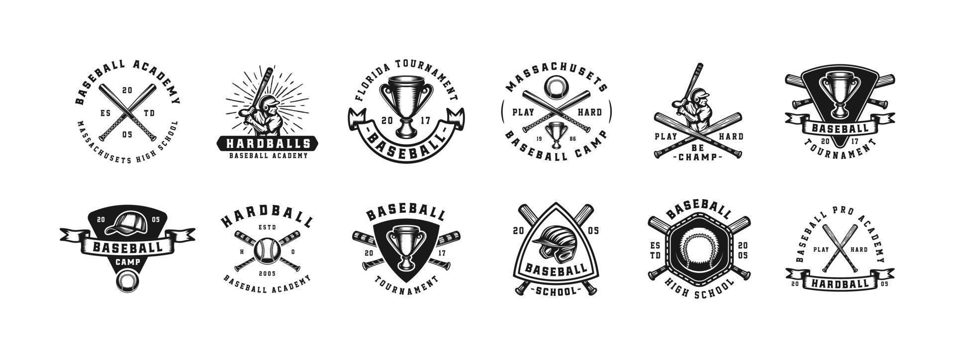 conjunto de Clásico retro béisbol juego deporte emblema, logo, insignia, etiqueta. marca, póster o impresión. monocromo gráfico Arte. vector ilustración. grabado estilo.