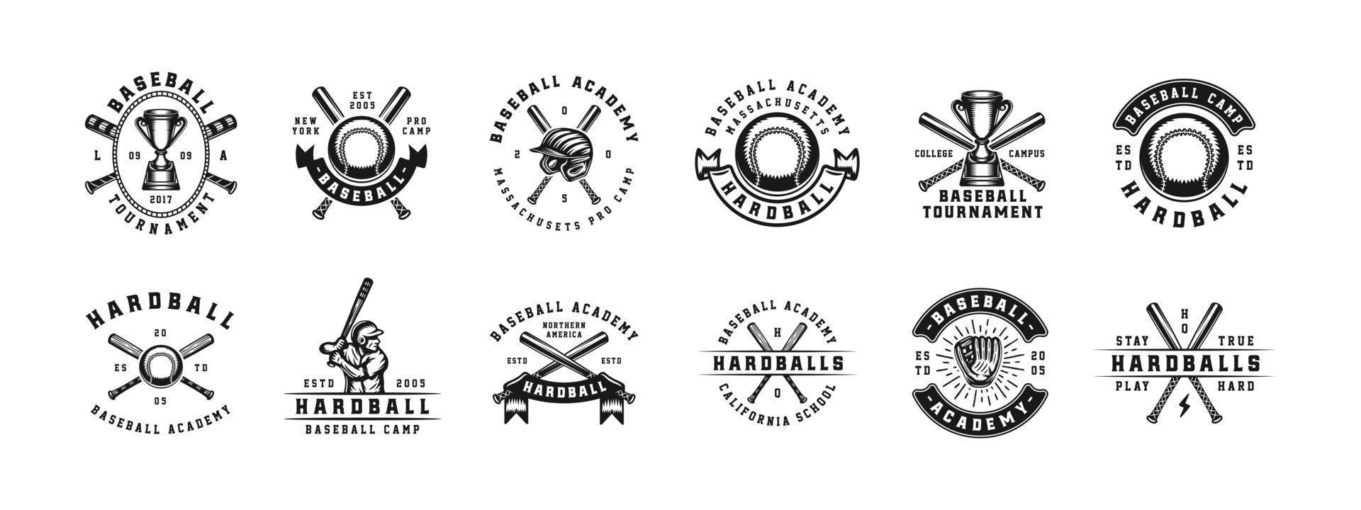 Set of vintage retro baseball game sport emblem, logo, badge, label. mark, poster or print. Monochrome Graphic Art. Vector Illustration. Engraving style.