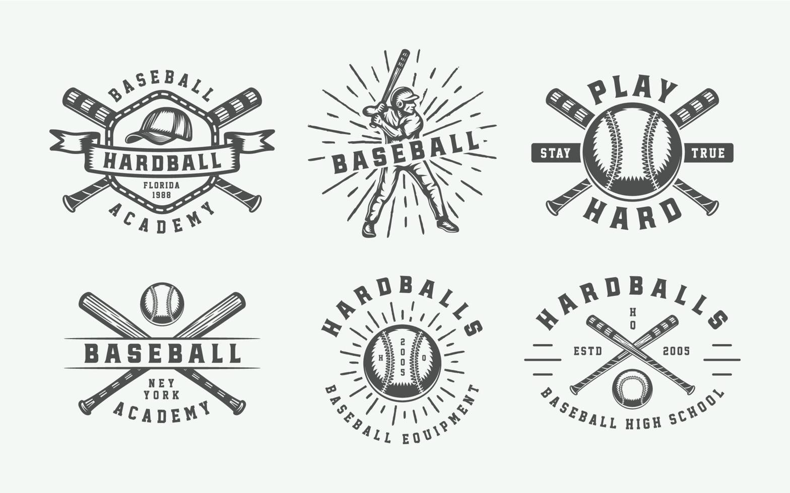 Vintage baseball sport logos, emblems, badges, marks, labels. Monochrome Graphic Art. Vector Illustration.