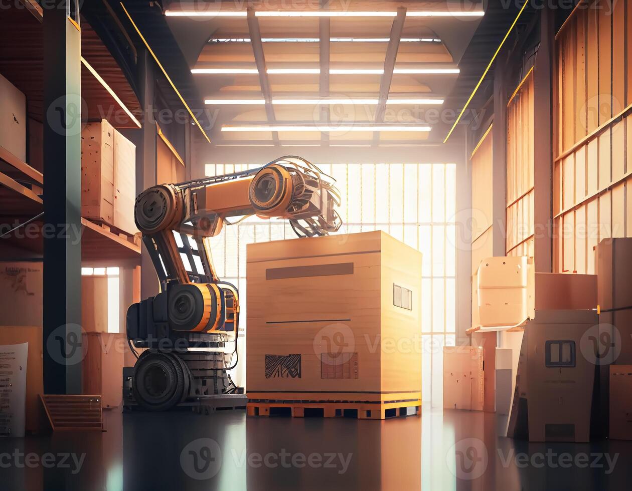 Robot center of logistic storage,robot arm with box working in the material industrial. photo