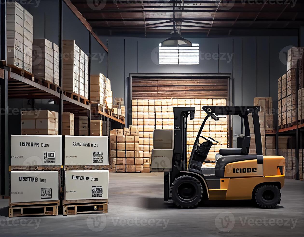 Forklift cartoon center of logistic storage with wooden Warehouse industrial working storing material. photo