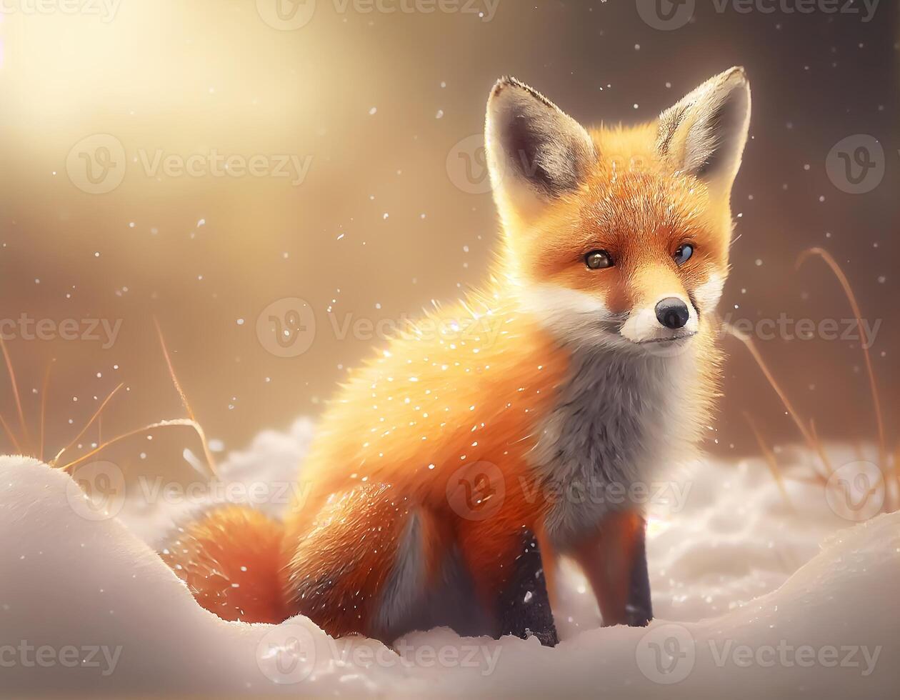 Cute little fox cartoon in the forest,Cartoon fox animation fantasy style,Baby fox standing winter season background. photo