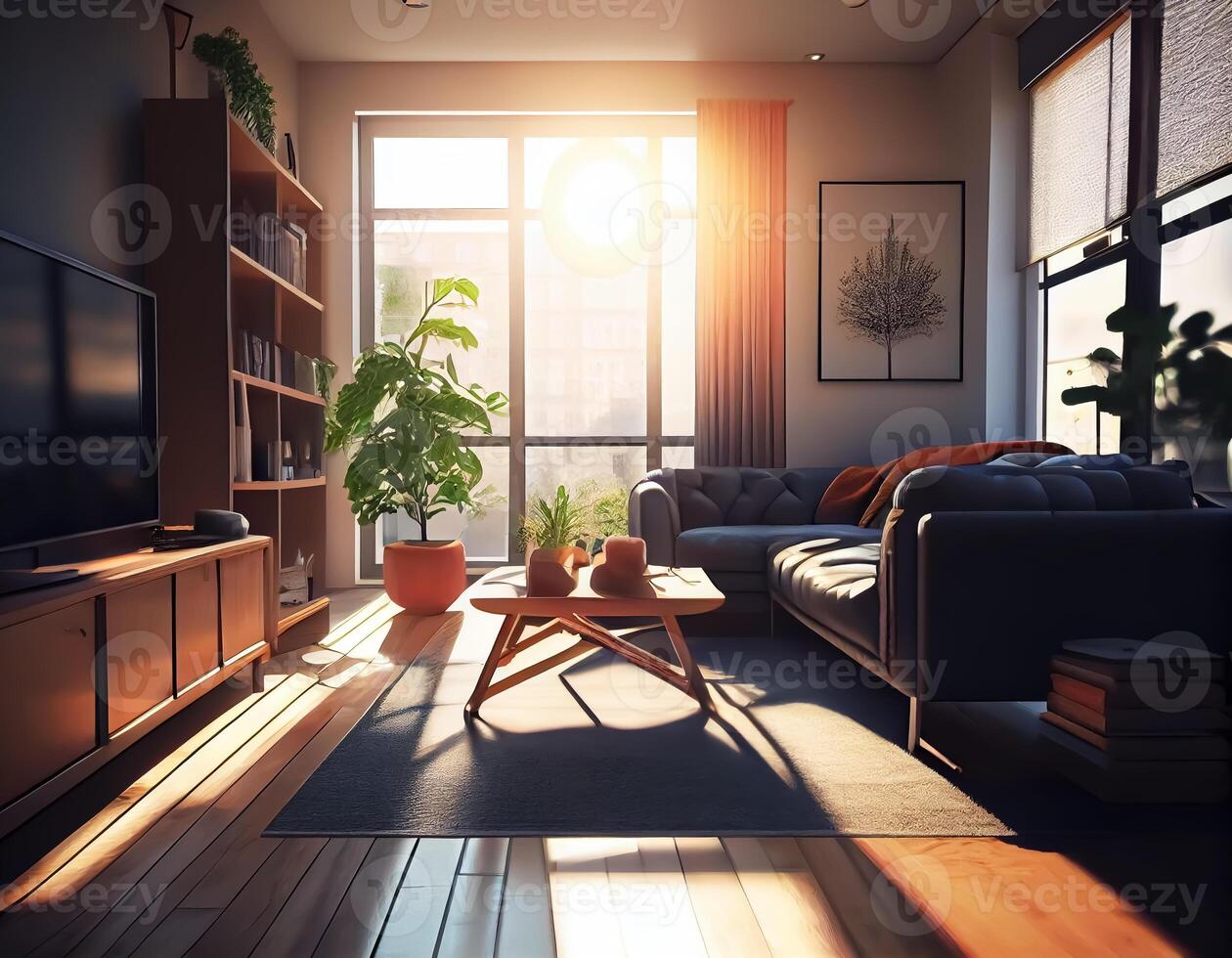 diseño moderno vivo habitación con luz del sol.generativa ai. foto