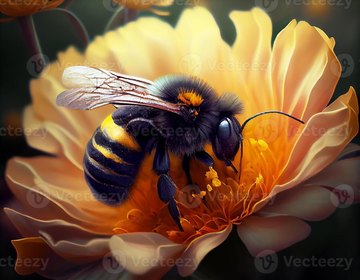 Marco bee pollinating and covered in beautiful flower pollen. photo
