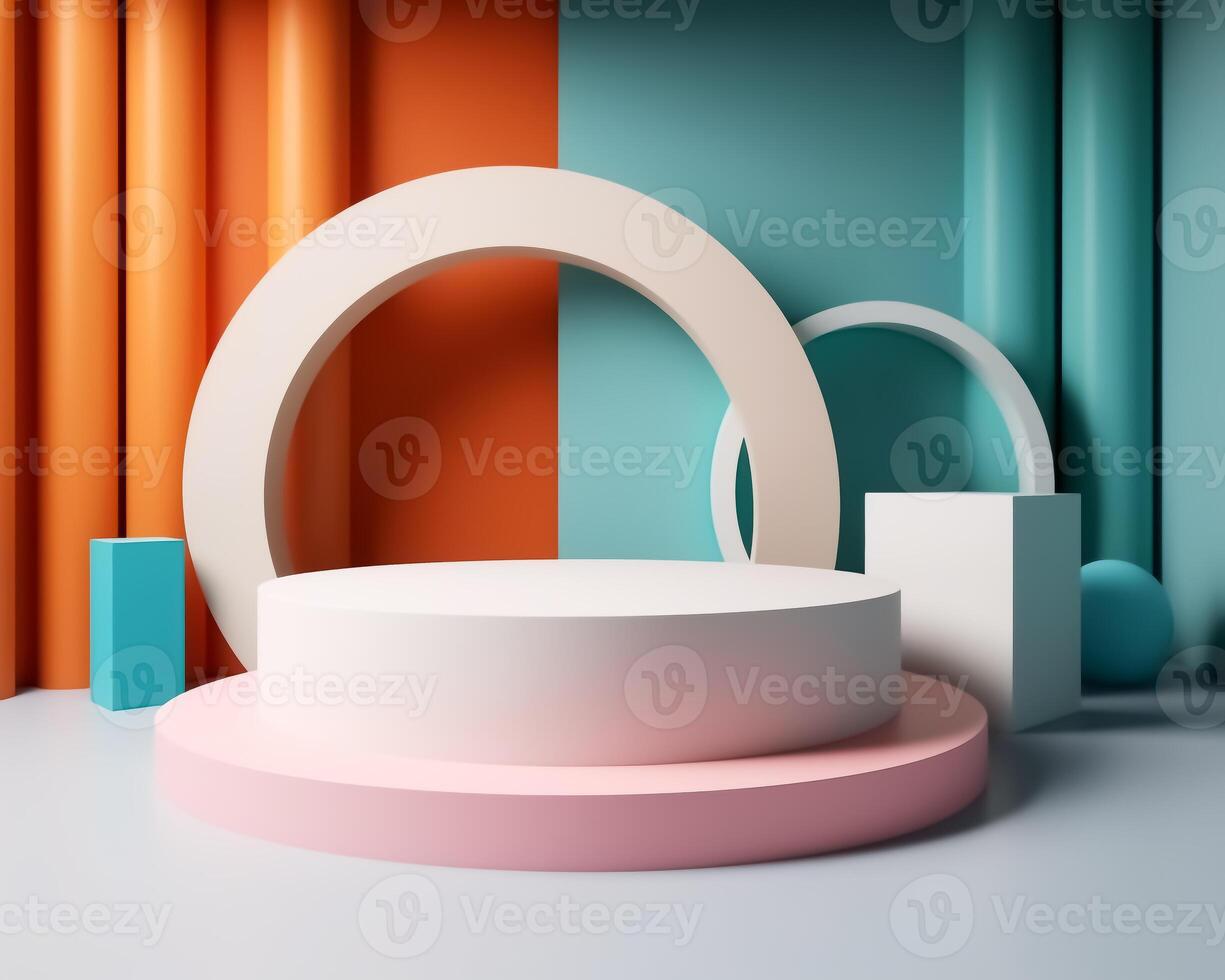 Abstract 3d podium for product presentation with geometric shapes, Empty round podium,Platforms for product presentation with shadows and light background. photo