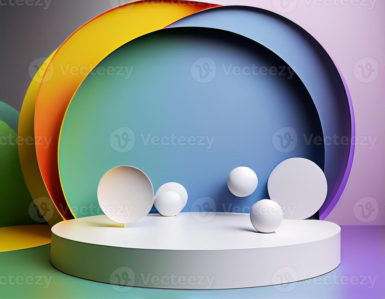 Abstract 3d podium for product presentation with geometric shapes, Empty round podium,Platforms for product presentation with shadows and light background. photo