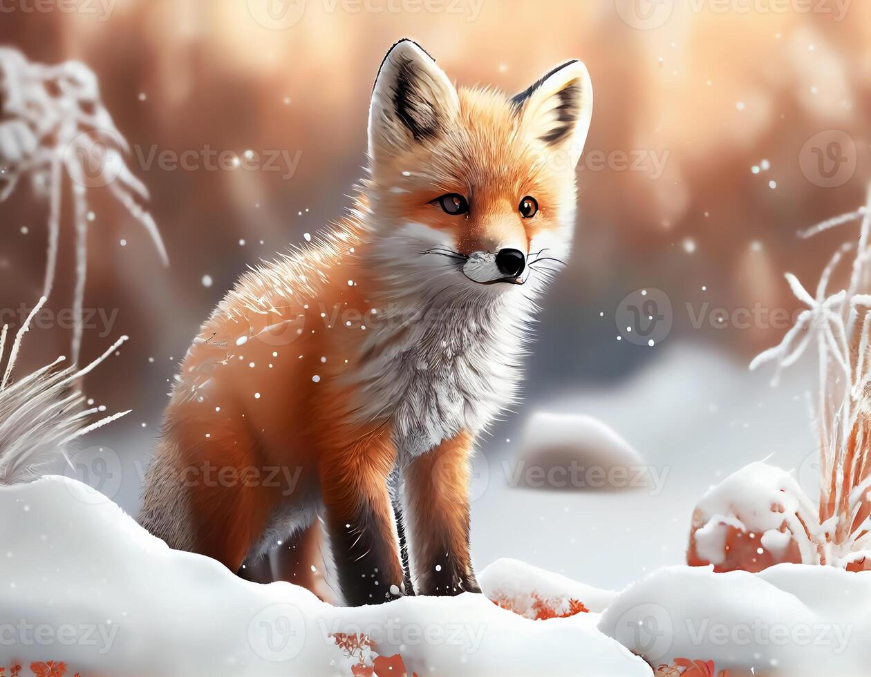 Cute cartoon fox in the forest,Cartoon fox animation fantasy style,Baby fox standing winter season background. photo