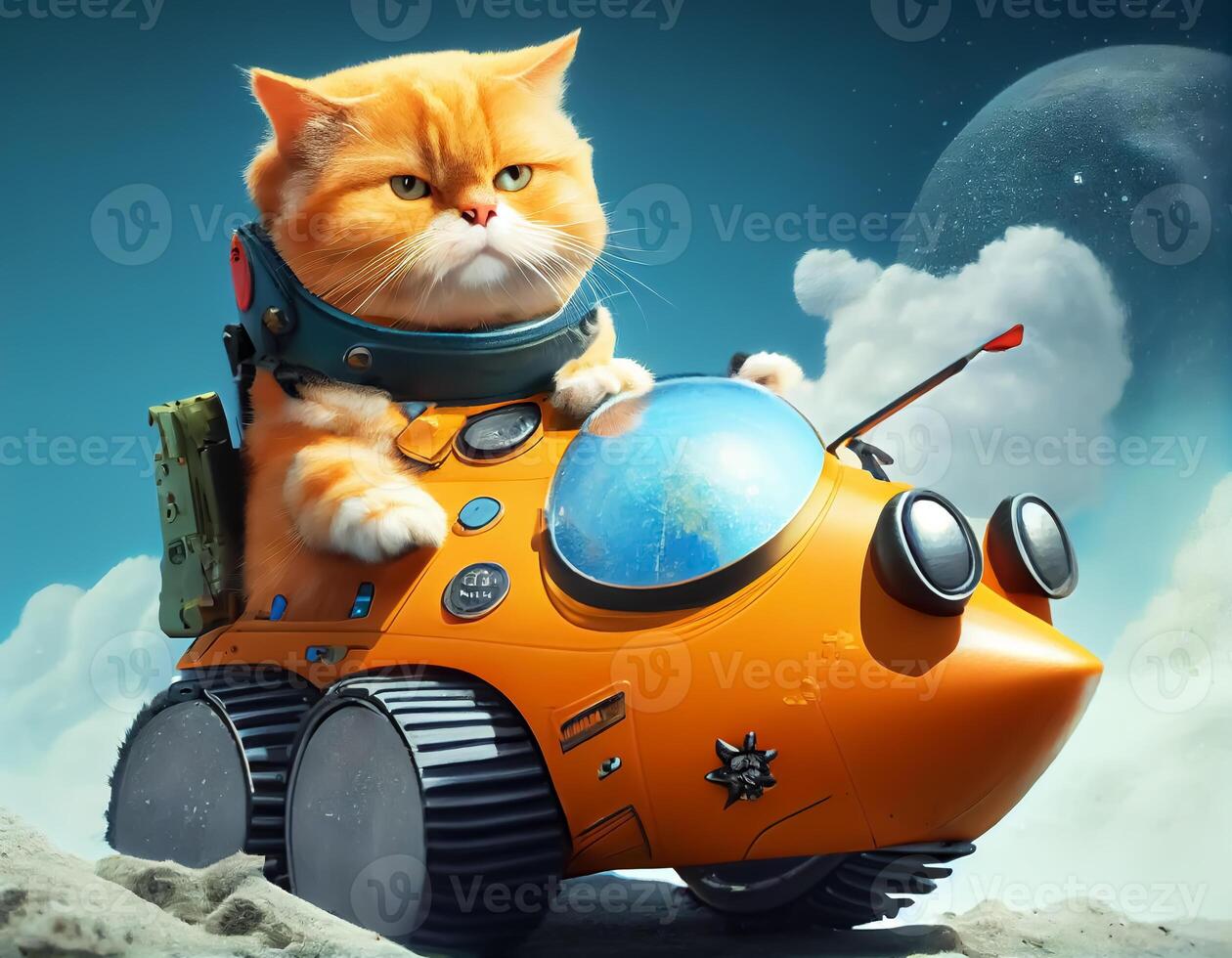 Orange Scottish cat driving tank blue sky background. photo