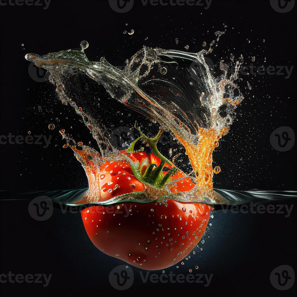 Tomato in water on black background with splash photo