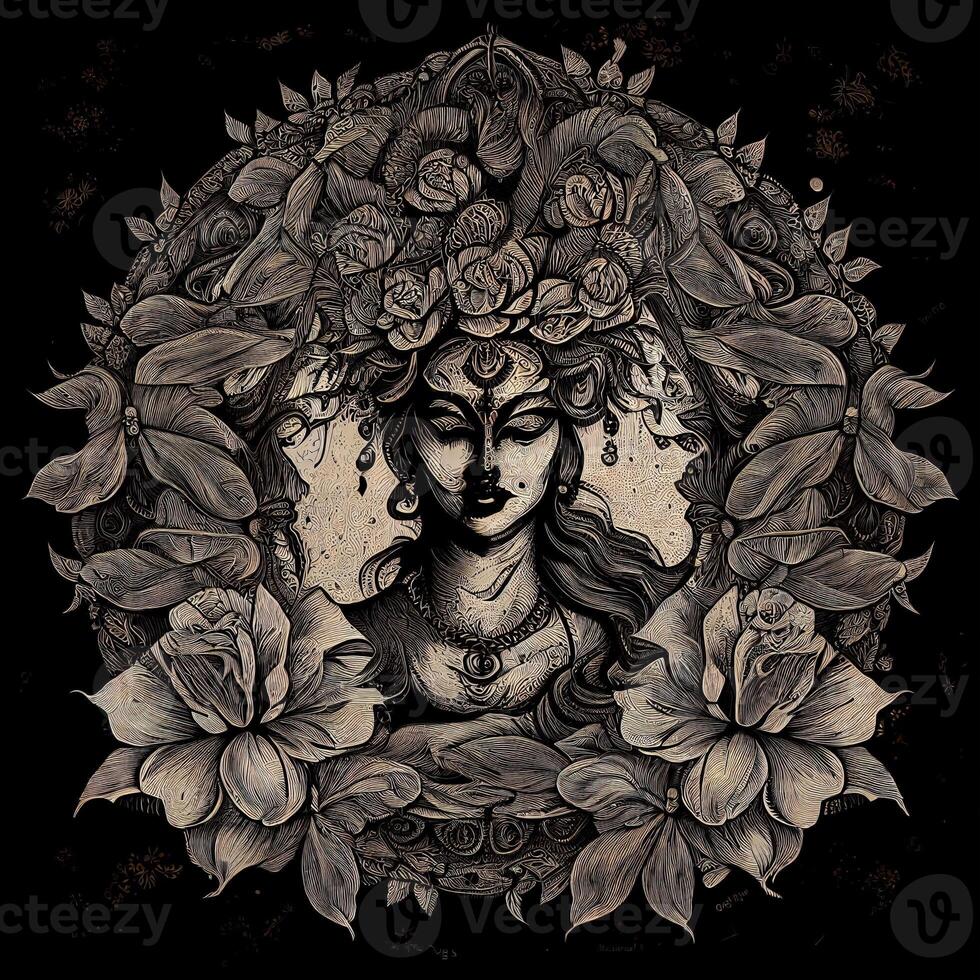 Saraswati Hindu Goddess artwork on black image photo