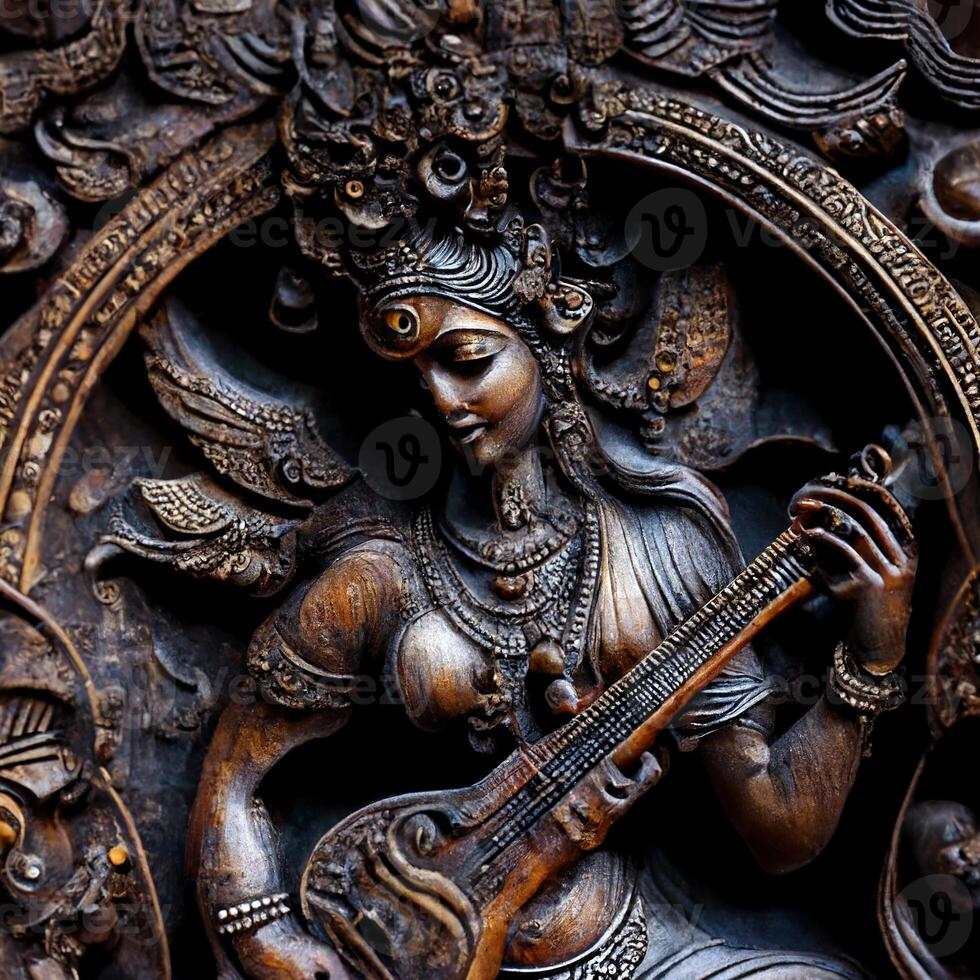 Saraswati Hindu Goddess artwork on wood old image photo