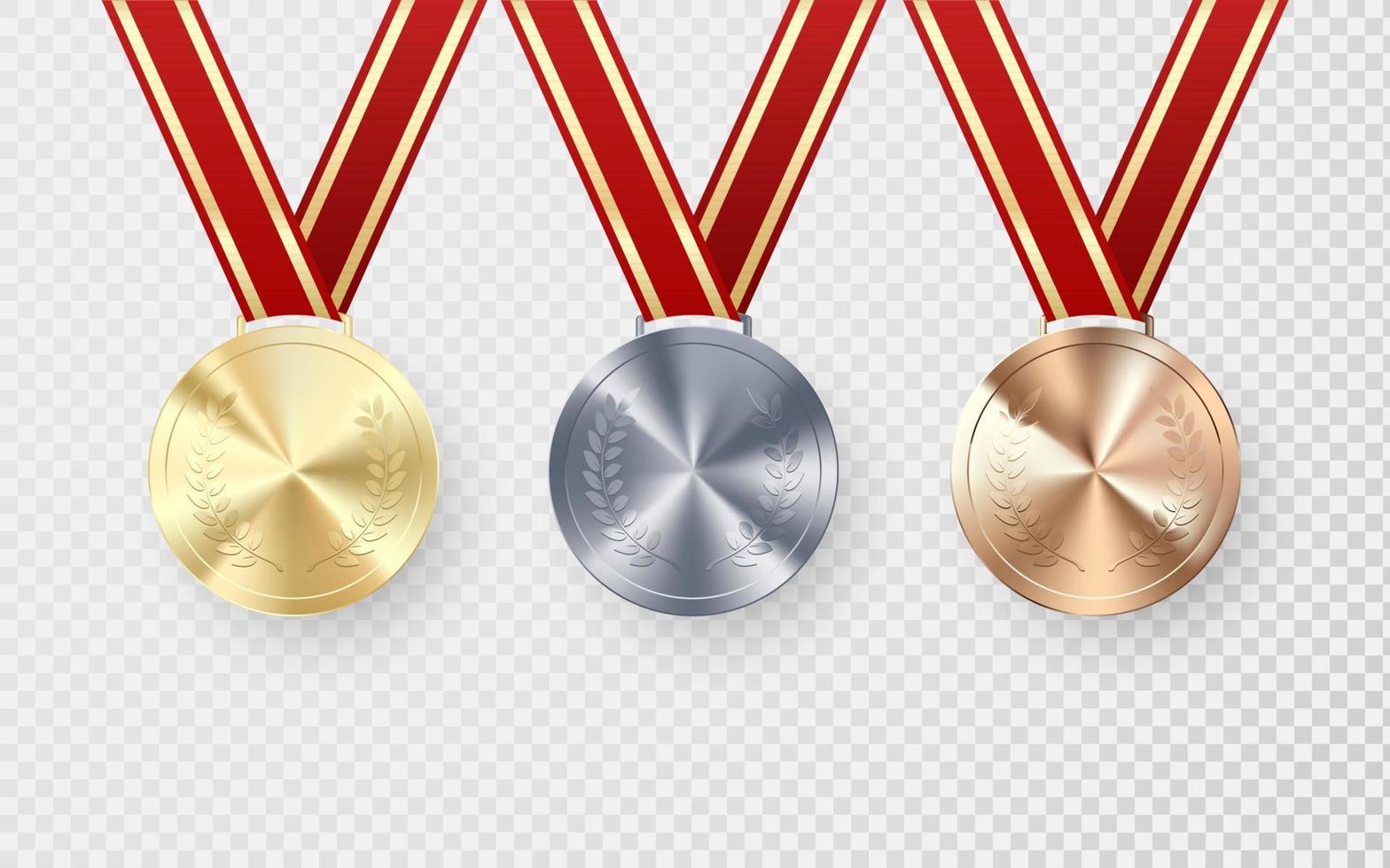 Golden Silver and Bronze medals with laurel hanging on red ribbon. Award symbol of victory and success. Vector illustration