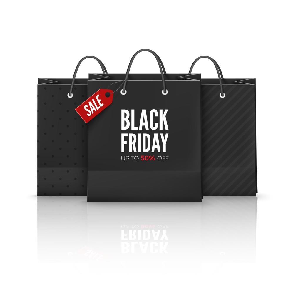 Black Friday Offer. Bag with red tag Sale and text with discount. Illustration with reflection for for banner. Vector