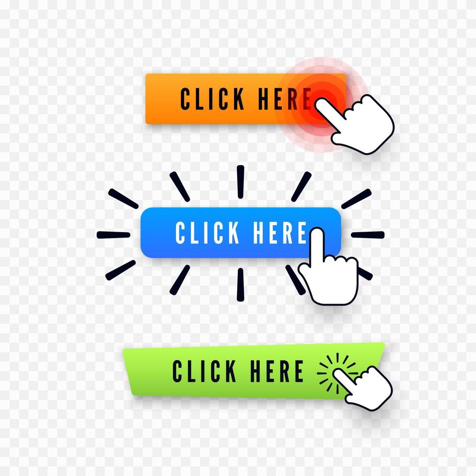 Hand cursor over button with text click here. Web icons element. Set of different buttons. Vector illustration