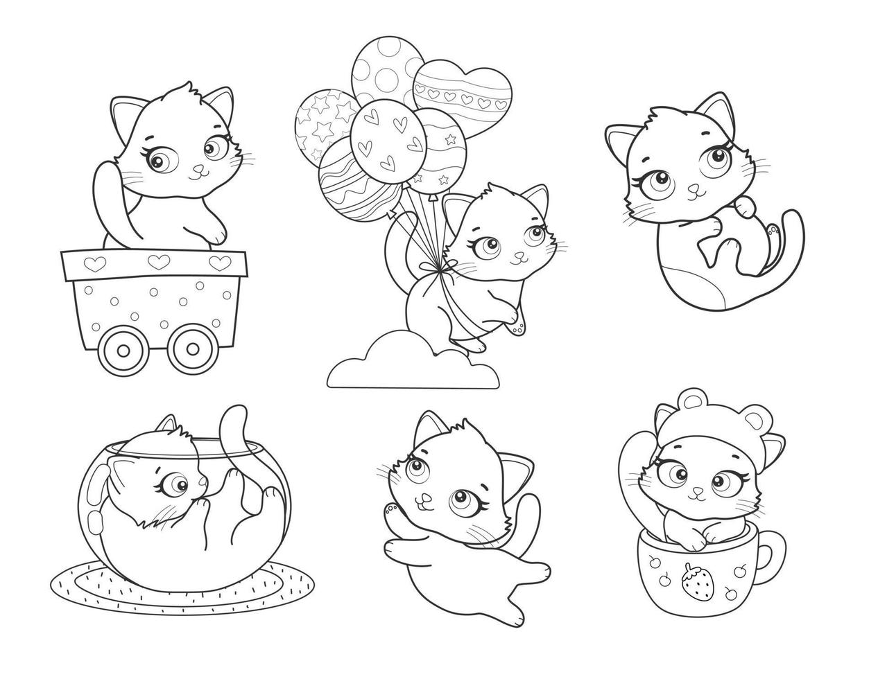 Vector set of cute cartoon style cat in different poses. Animal character illustration for children. Hand drawn line drawings of funny kitten. Big collection of pets for kids, coloring, animation.