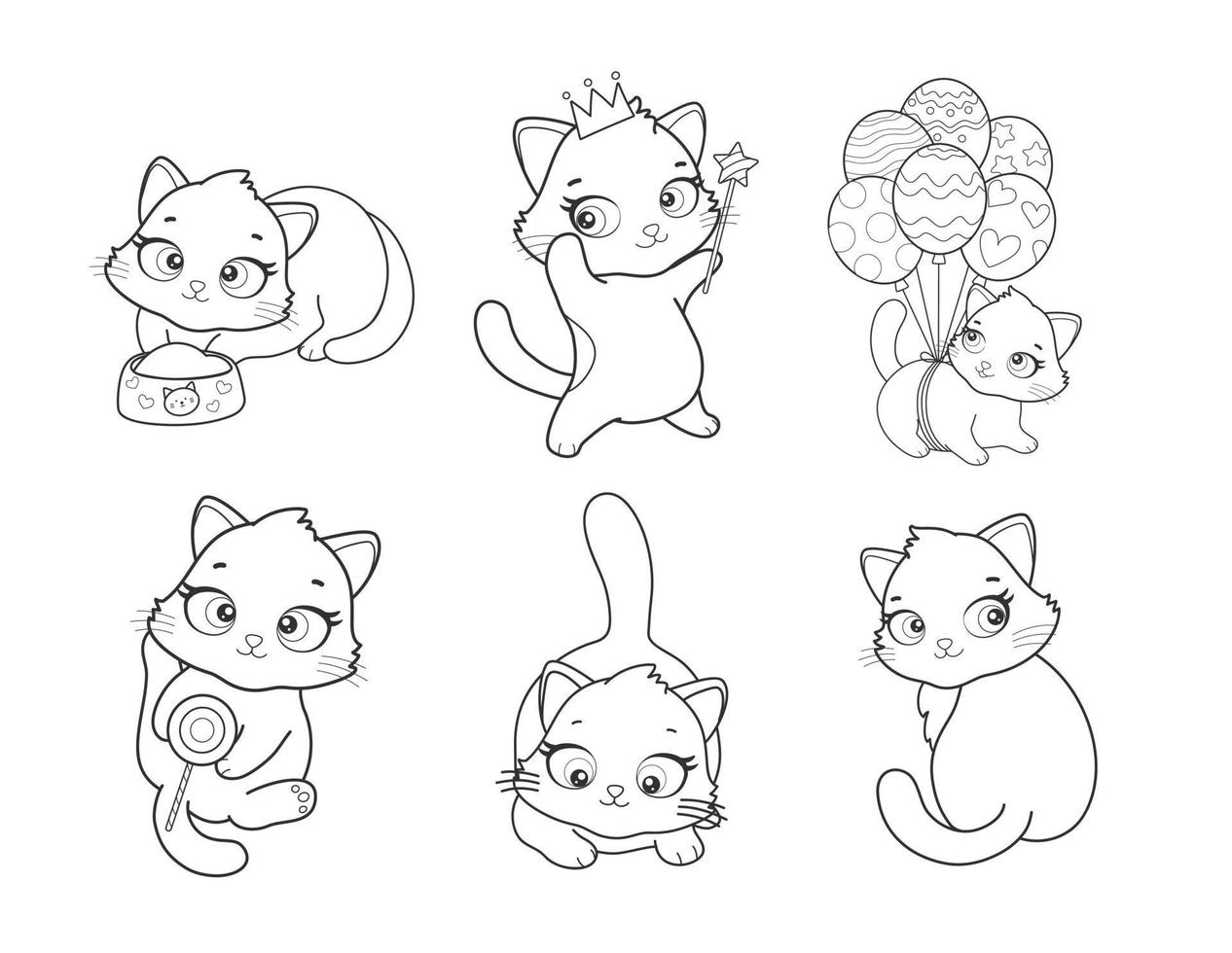 Vector set of cute cartoon style cat in different poses. Animal character illustration for children. Hand drawn line drawings of funny kitten. Big collection of pets for kids, coloring, animation.