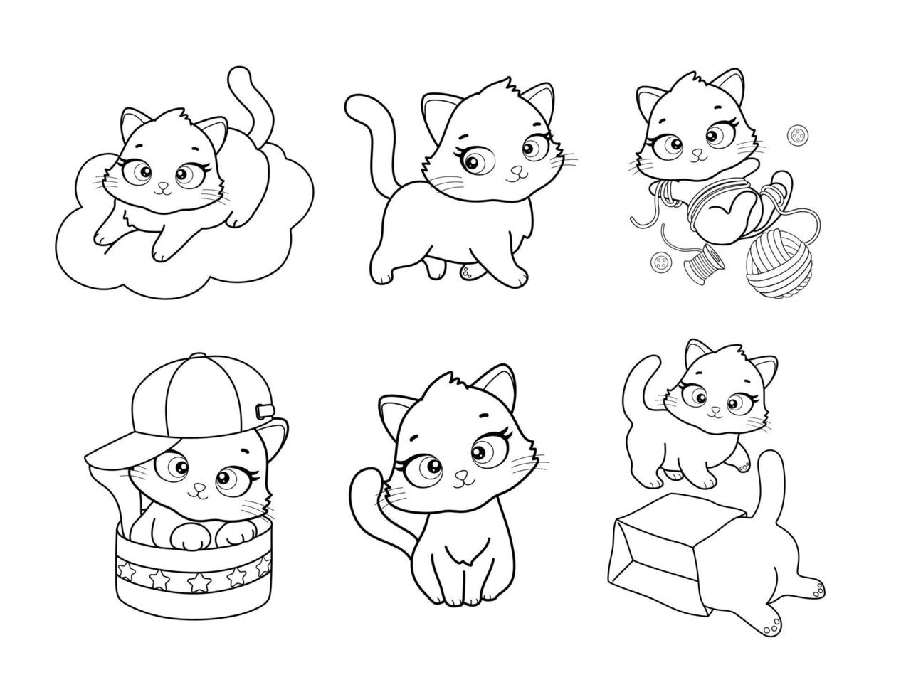 Vector set of cute cartoon style cat in different poses. Animal character illustration for children. Hand drawn line drawings of funny kitten. Big collection of pets for kids, coloring, animation.