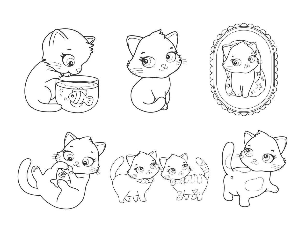 Vector set of cute cartoon style cat in different poses. Animal character illustration for children. Hand drawn line drawings of funny kitten. Big collection of pets for kids, coloring, animation.