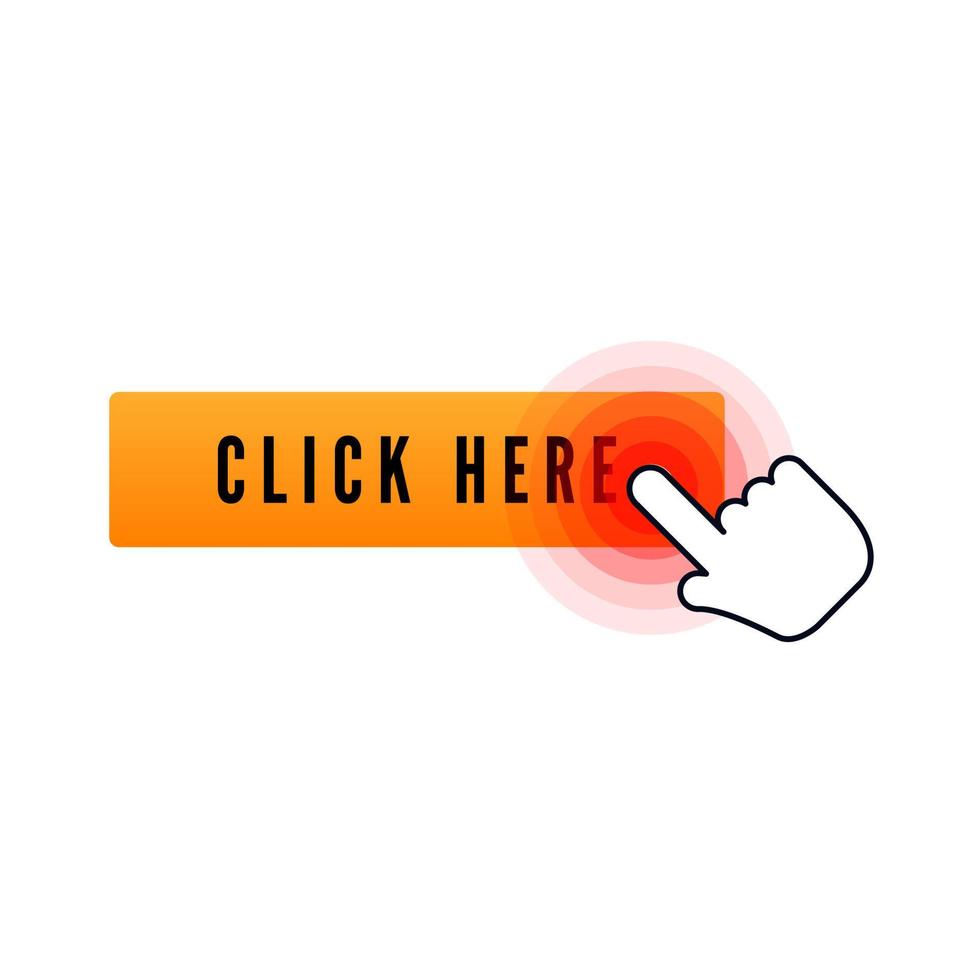 Hand cursor with animation of action over button with text click here on white background. Web icons element. Vector illustration
