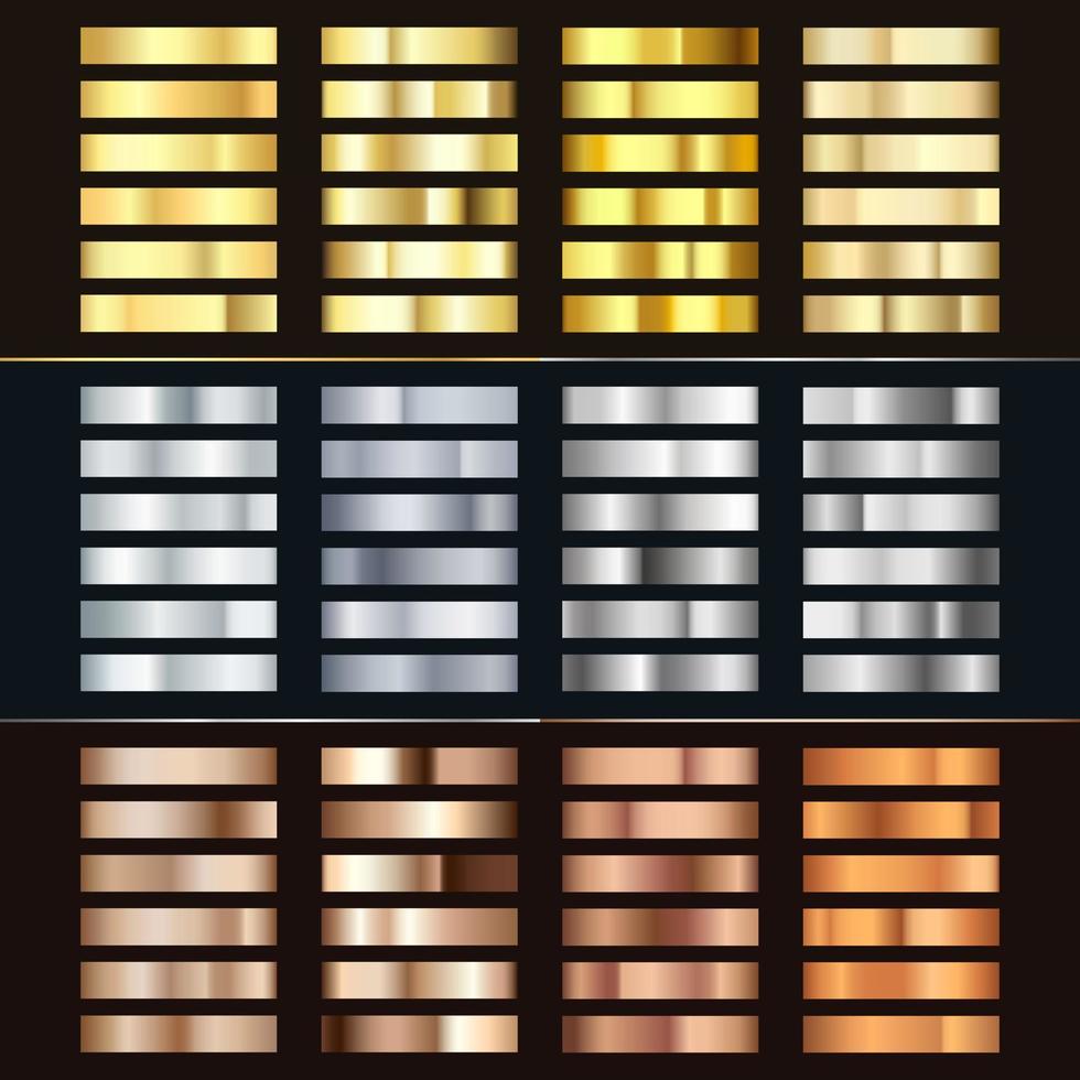 Golden Silver and Bronze gradient set. Collection of shiny bronze silvery and gold pattern. Realistic metallic foil. Vector illustration