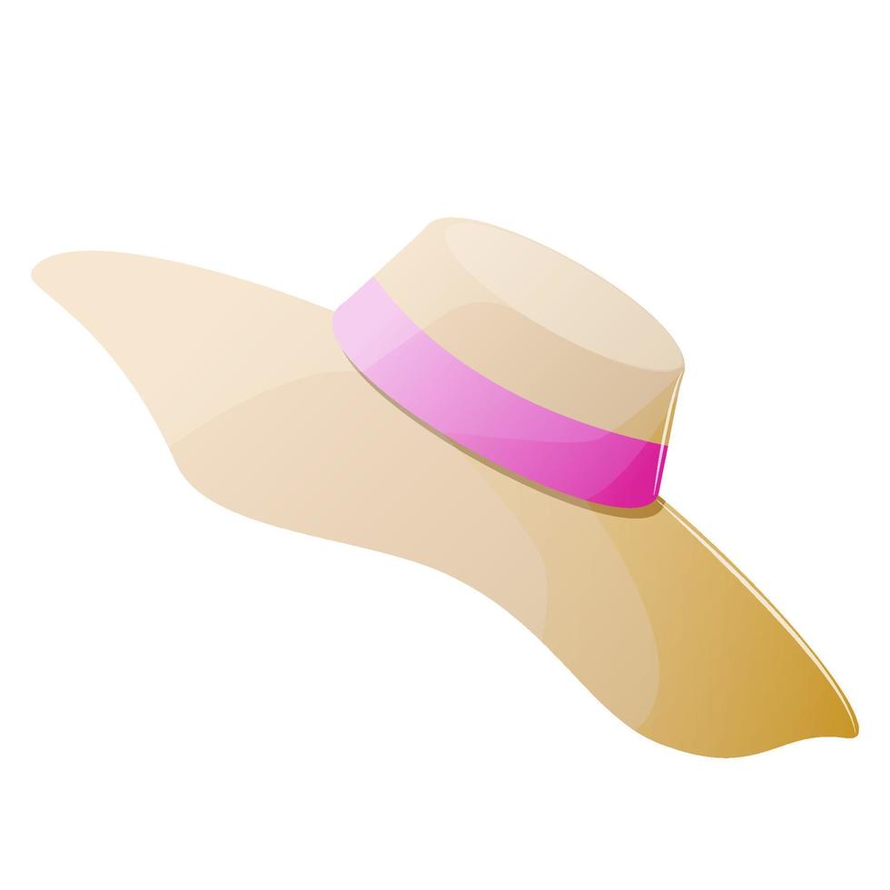 Summer's woman hat with pink ribbon. Vector flat illustration.