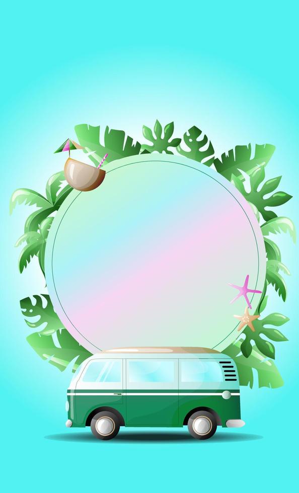 Summer background with a retro kemper, palm trees and coconut. Vector illustration.