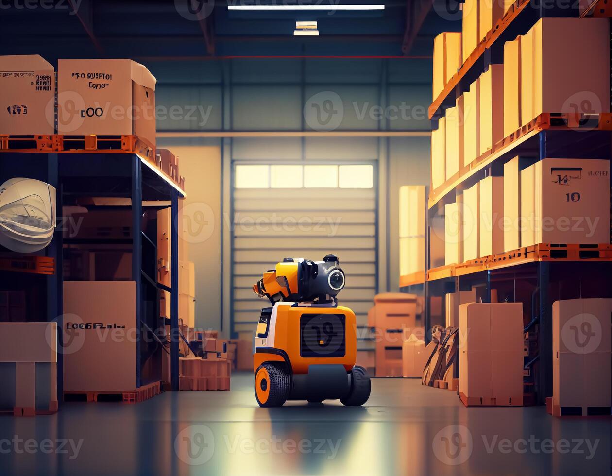 Robot center of logistic storage,robot arm with box working in the material industrial. photo