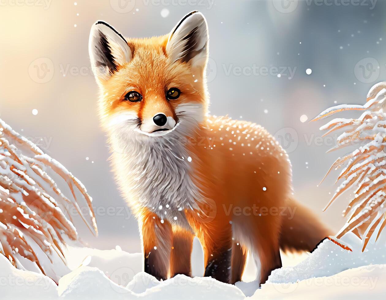 Cute cartoon fox in the forest,Cartoon fox animation fantasy style,Baby fox standing winter season background.Generative Ai photo