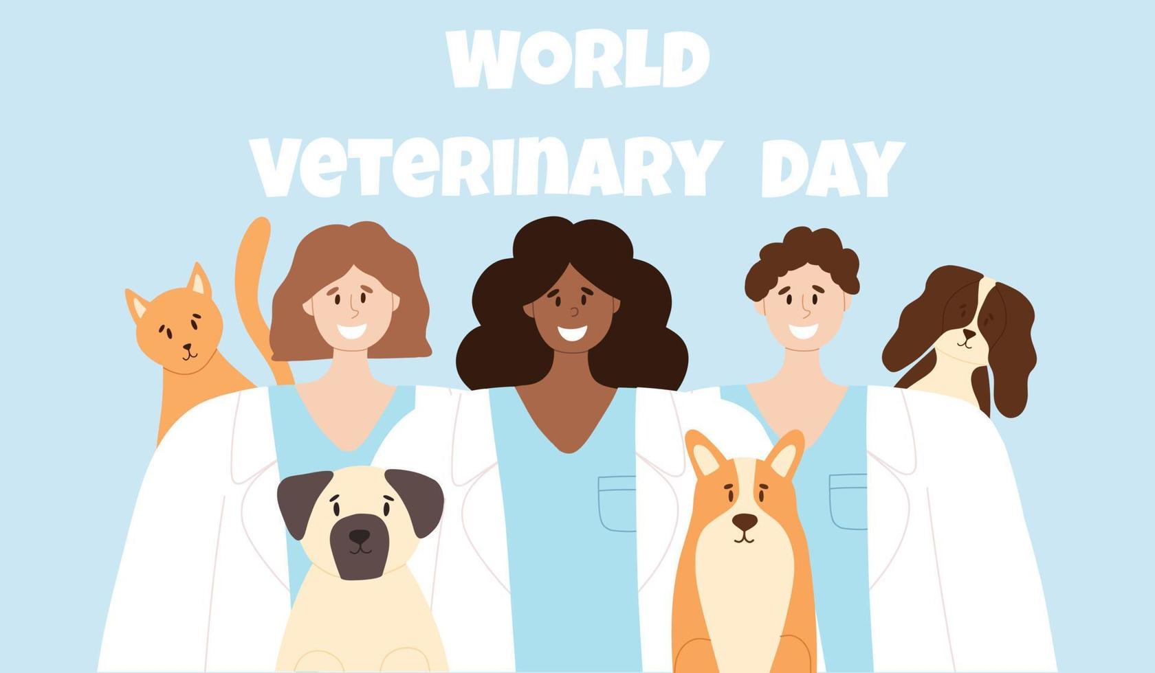 Happy veterinarians with happy cat and dogs. animal care vector illustration. flat style. Girls and guy veterinarian. Banner for World Veterinary Day.