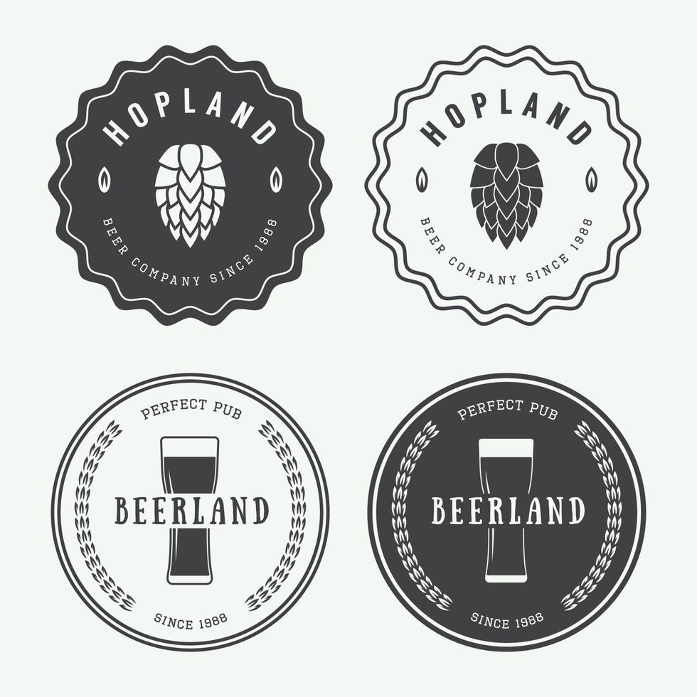 Set of vintage beer and pub logos, labels and emblems with bottles, hops, and wheat vector