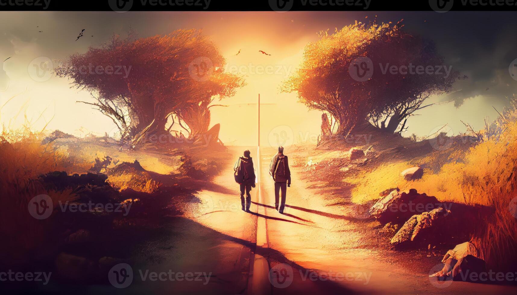two people walking down a path slightly photo