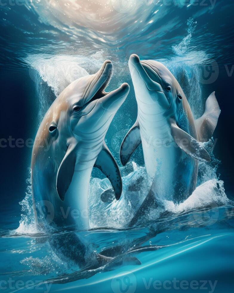 dos contento delfines jugando en agua disney estilo azul imagen generativo ai foto