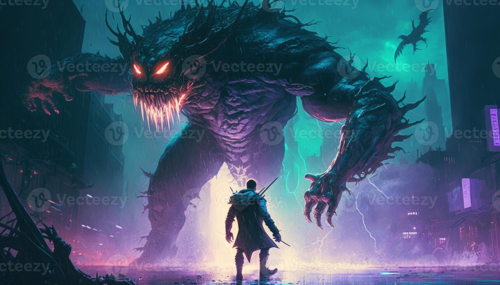 warrior fighting a huge monster in a dark world photo