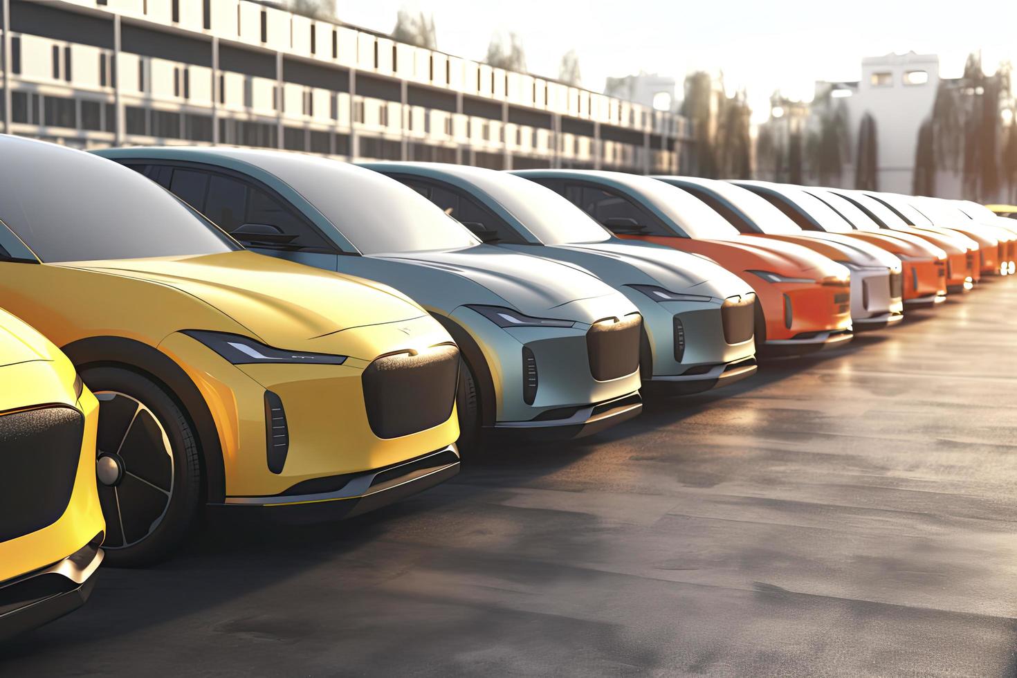 New self driving cars fleet waiting to be exported, large amounts of electric vehicle in dealership parking photo