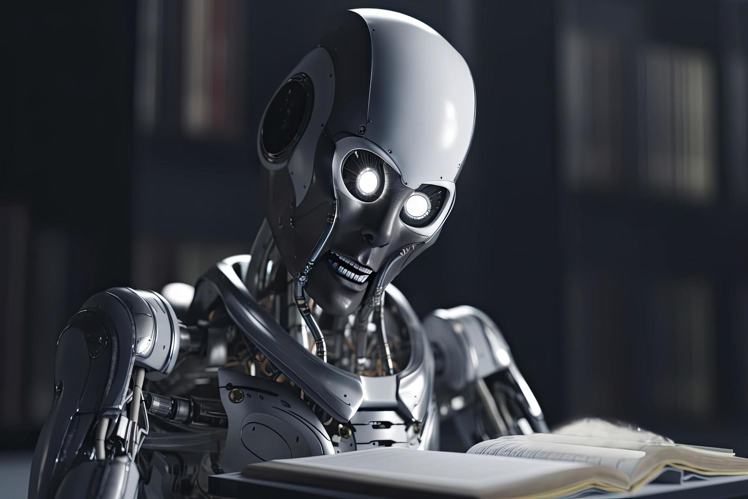 Robot exploring new bit of information and reading book. Concept of machine learning photo