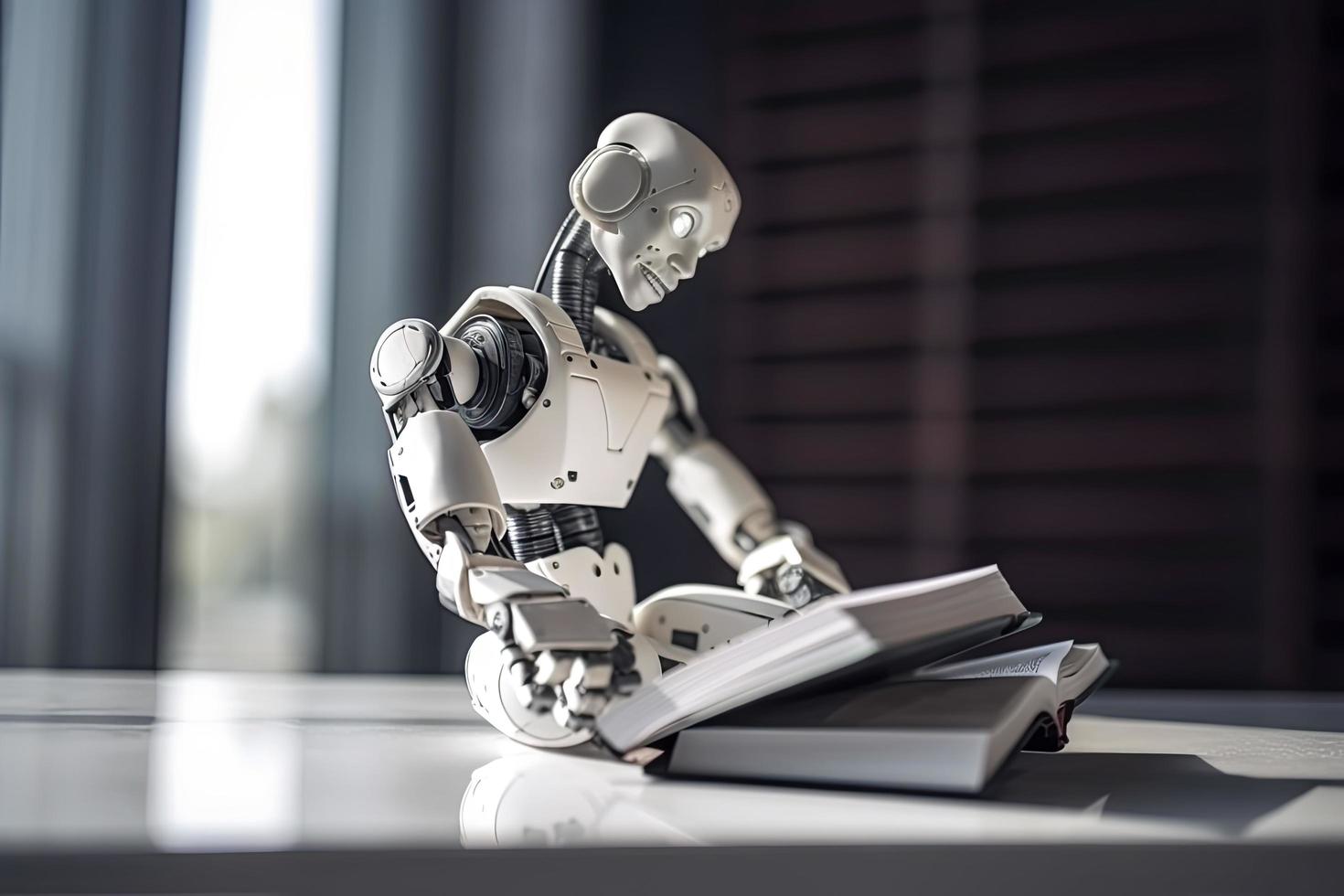 Robot exploring new bit of information and reading book. Concept of machine learning photo