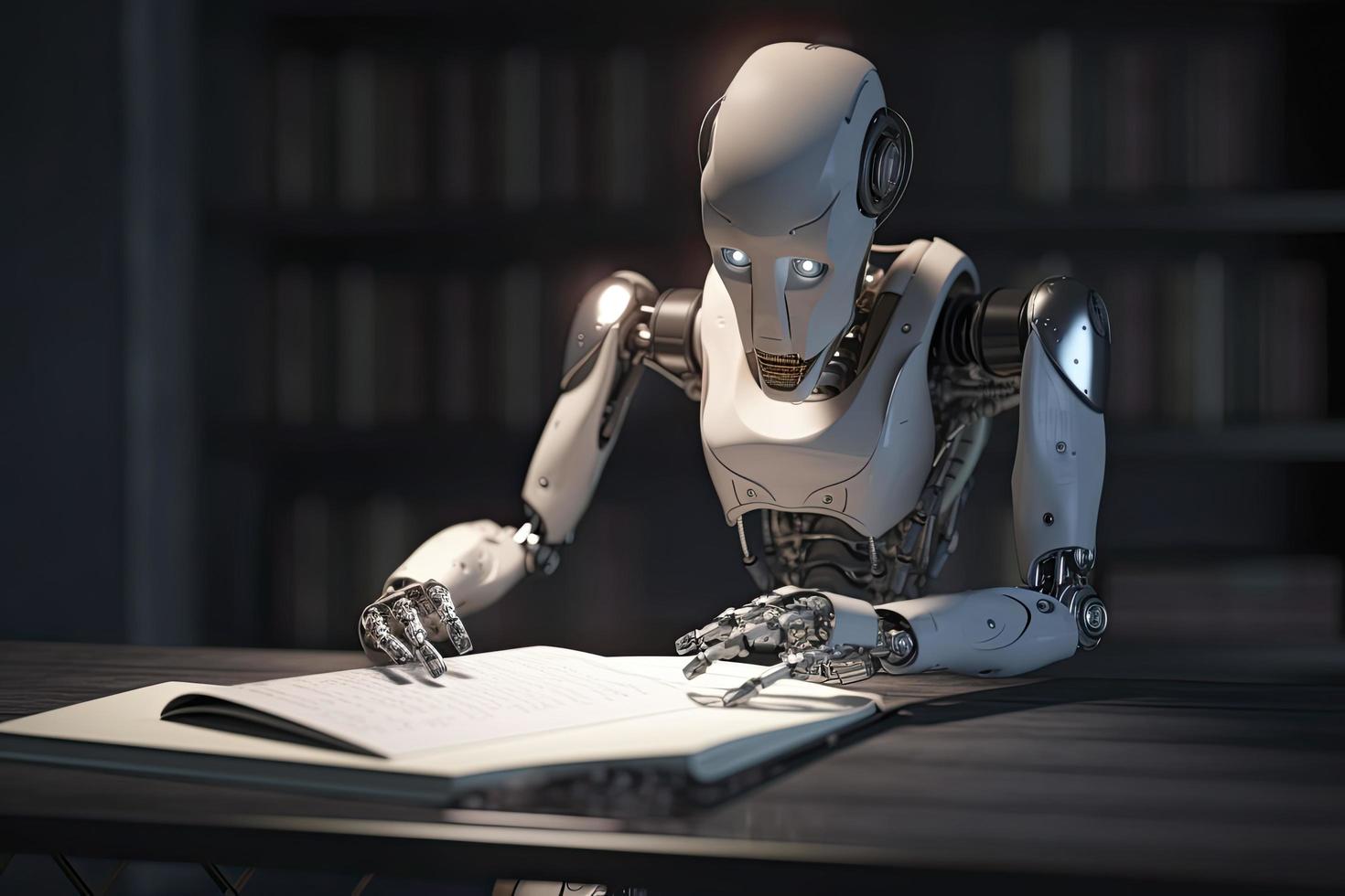 Robot exploring new bit of information and reading book. Concept of machine learning photo