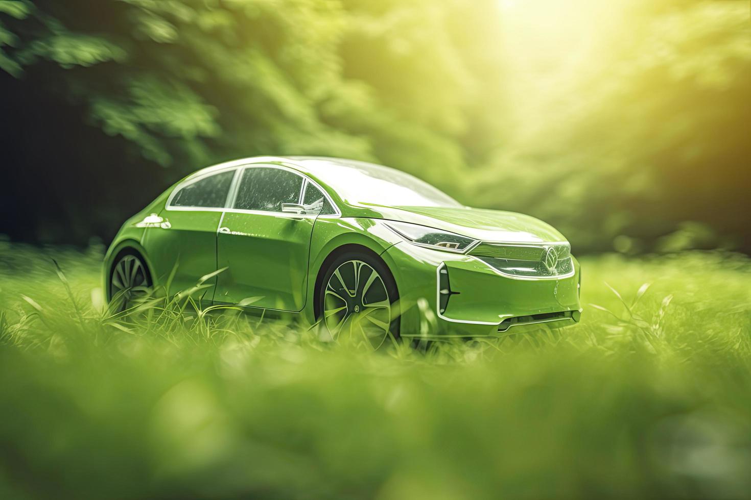 electric car with green leaf icon on blur grass background, ecology and environment concept photo